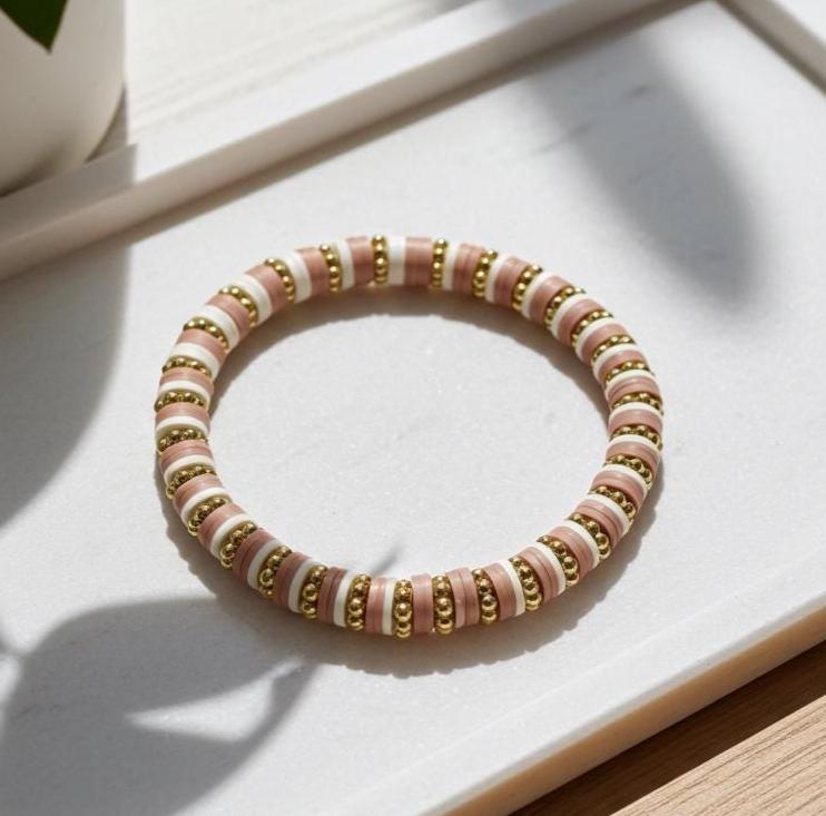 Heishi Bead Bracelet, Blush Pink, Boho Stackable Jewelry - Wonderfully Made by Devan