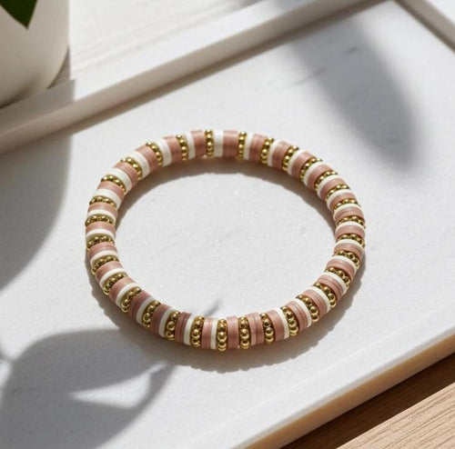 Heishi Bead Bracelet, Blush Pink, Boho Stackable Jewelry - Wonderfully Made by Devan