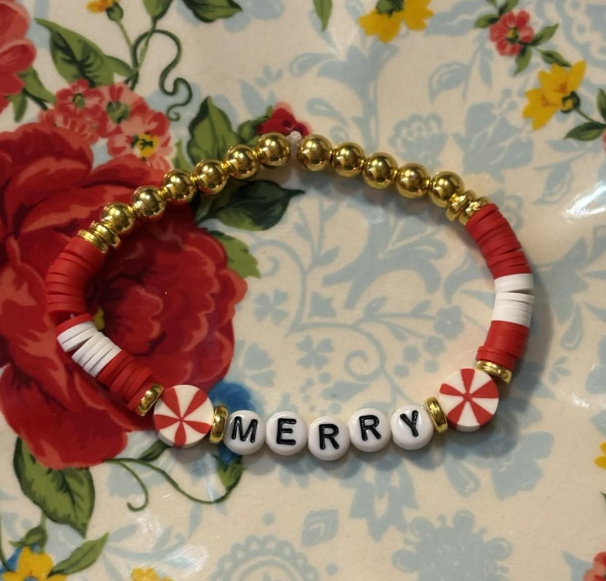 Peppermint Beaded Bracelet – Heishi Beads – Gold Plated Beads - Holiday Jewelry Gift – Stocking Stuffer - Wonderfully Made by Devan