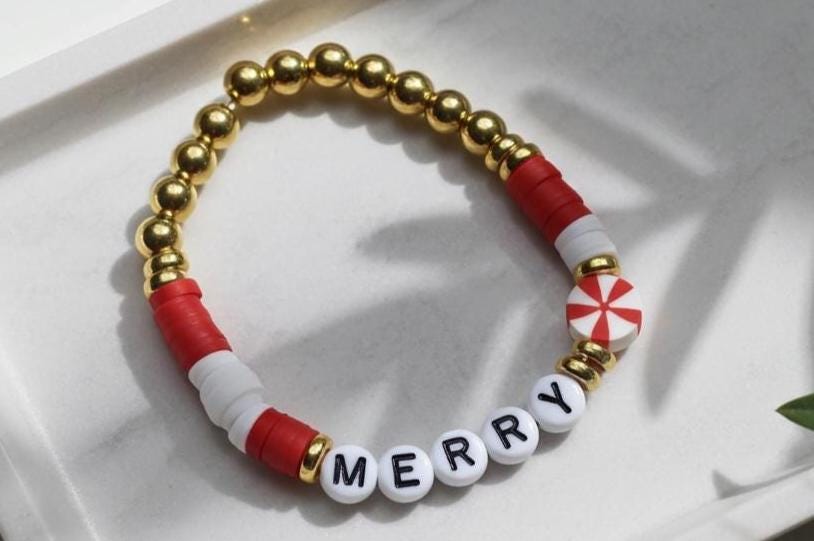 Peppermint Beaded Bracelet – Heishi Beads – Gold Plated Beads - Holiday Jewelry Gift – Stocking Stuffer - Wonderfully Made by Devan