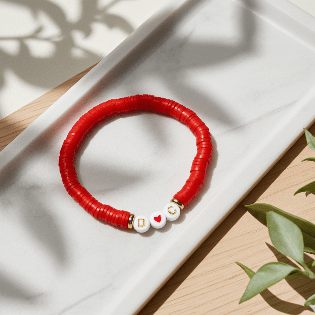 Personalized Heishi Bead Bracelet | Red Heishi Bead Bracelet - Wonderfully Made by Devan