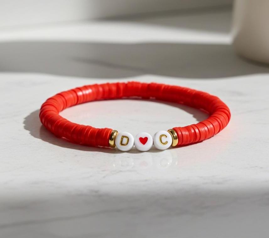 Personalized Heishi Bead Bracelet | Red Heishi Bead Bracelet - Wonderfully Made by Devan