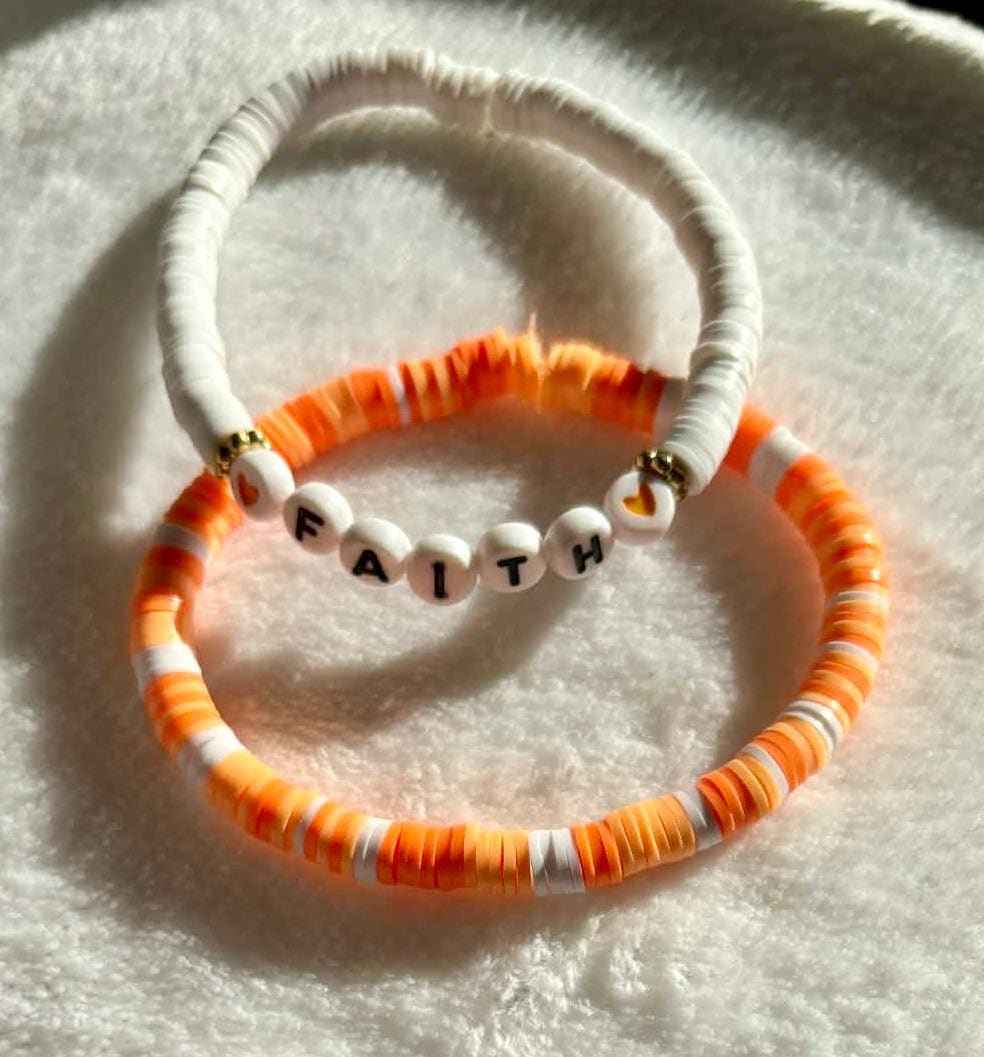 Personalized Heishi Bracelet Set, Name Bracelet Stack, Orange Name Heishi Bead Bracelet Set