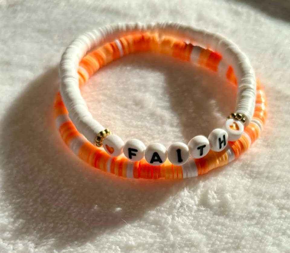 Personalized Heishi Bracelet Set, Name Bracelet Stack, Orange Name Heishi Bead Bracelet Set