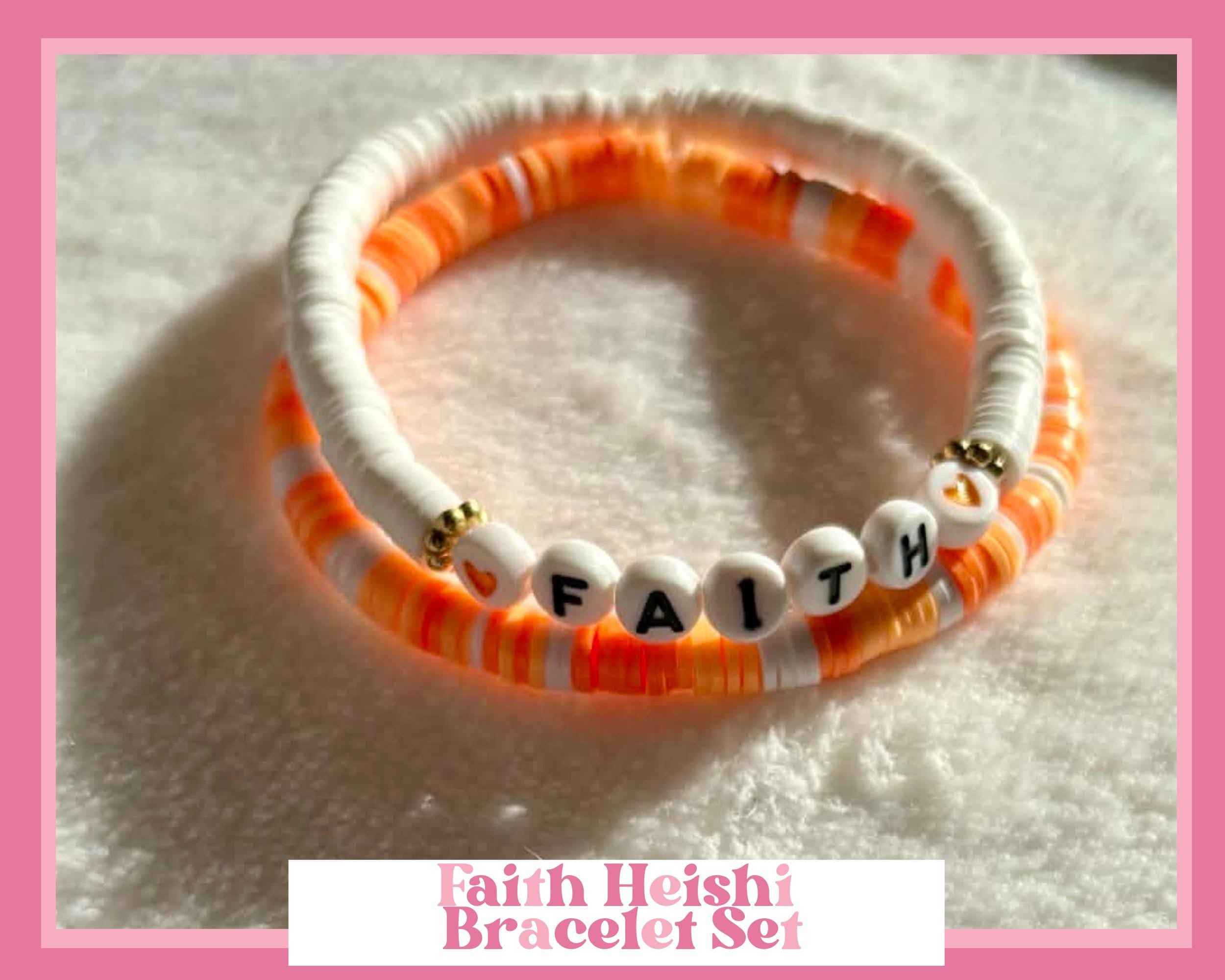 Personalized Heishi Bracelet Set, Name Bracelet Stack, Orange Name Heishi Bead Bracelet Set