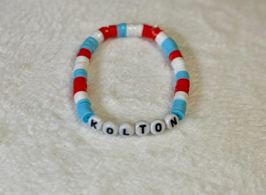Personalized Kids Name Bracelet | Red White Blue Heishi Bead Stretch Bracelet | Handmade Custom Jewelry - Wonderfully Made by Devan