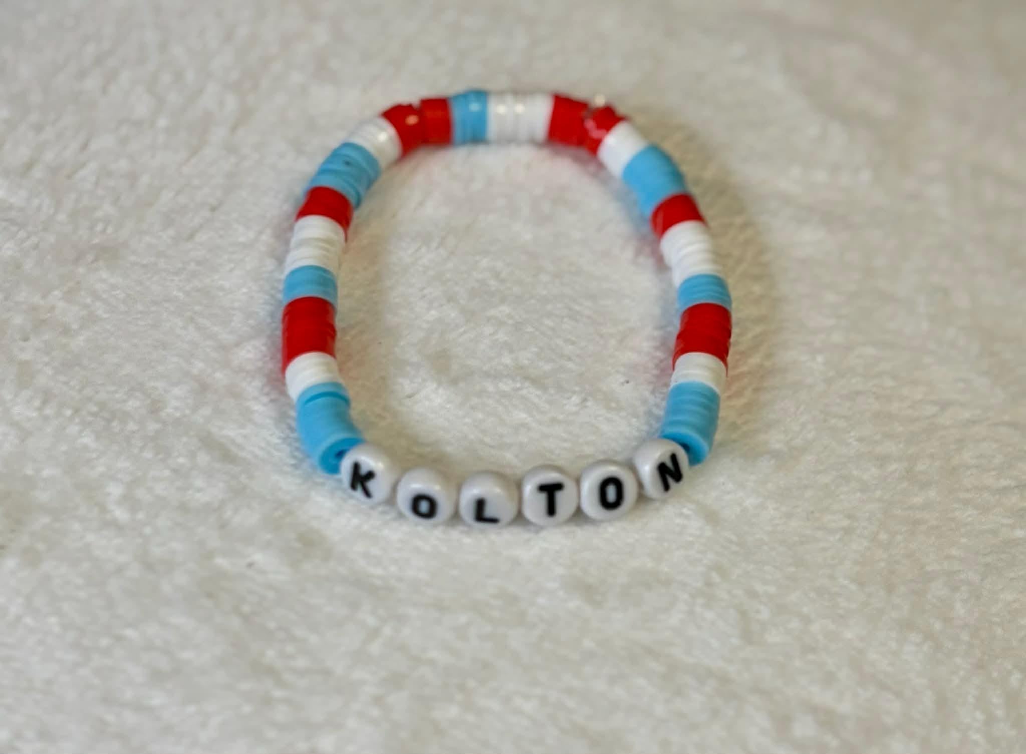 Personalized Kids Name Bracelet | Red White Blue Heishi Bead Stretch Bracelet | Handmade Custom Jewelry - Wonderfully Made by Devan
