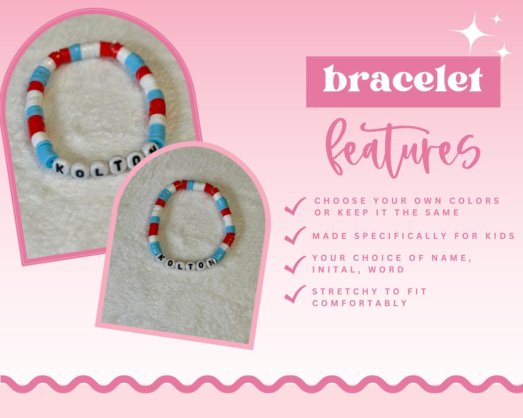 Personalized Kids Name Bracelet | Red White Blue Heishi Bead Stretch Bracelet | Handmade Custom Jewelry - Wonderfully Made by Devan