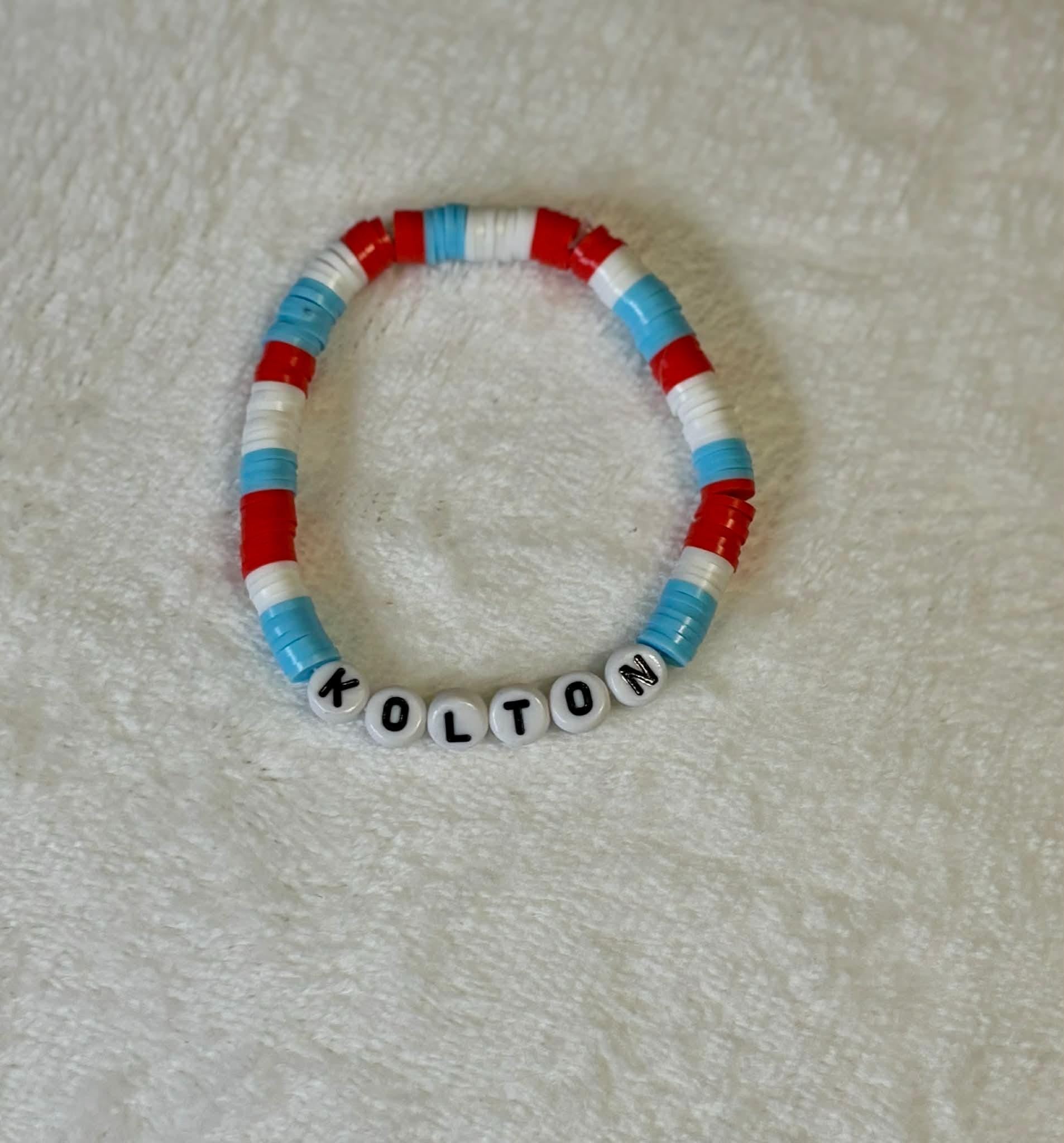 Personalized Kids Name Bracelet | Red White Blue Heishi Bead Stretch Bracelet | Handmade Custom Jewelry - Wonderfully Made by Devan