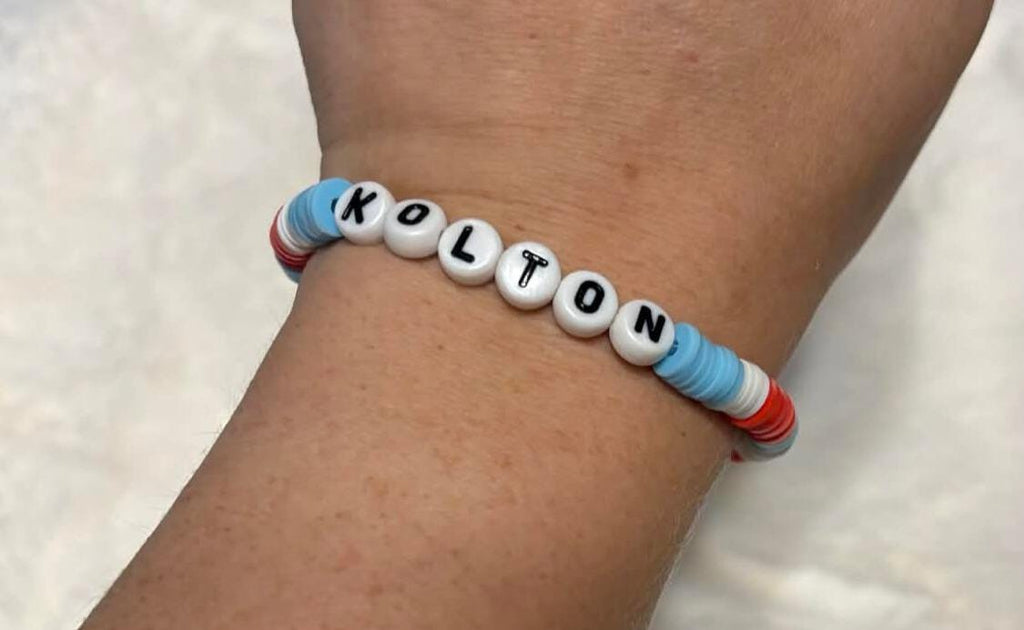 Personalized Kids Name Bracelet | Red White Blue Heishi Bead Stretch Bracelet | Handmade Custom Jewelry - Wonderfully Made by Devan