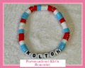 Personalized Kids Name Bracelet | Red White Blue Heishi Bead Stretch Bracelet | Handmade Custom Jewelry - Wonderfully Made by Devan