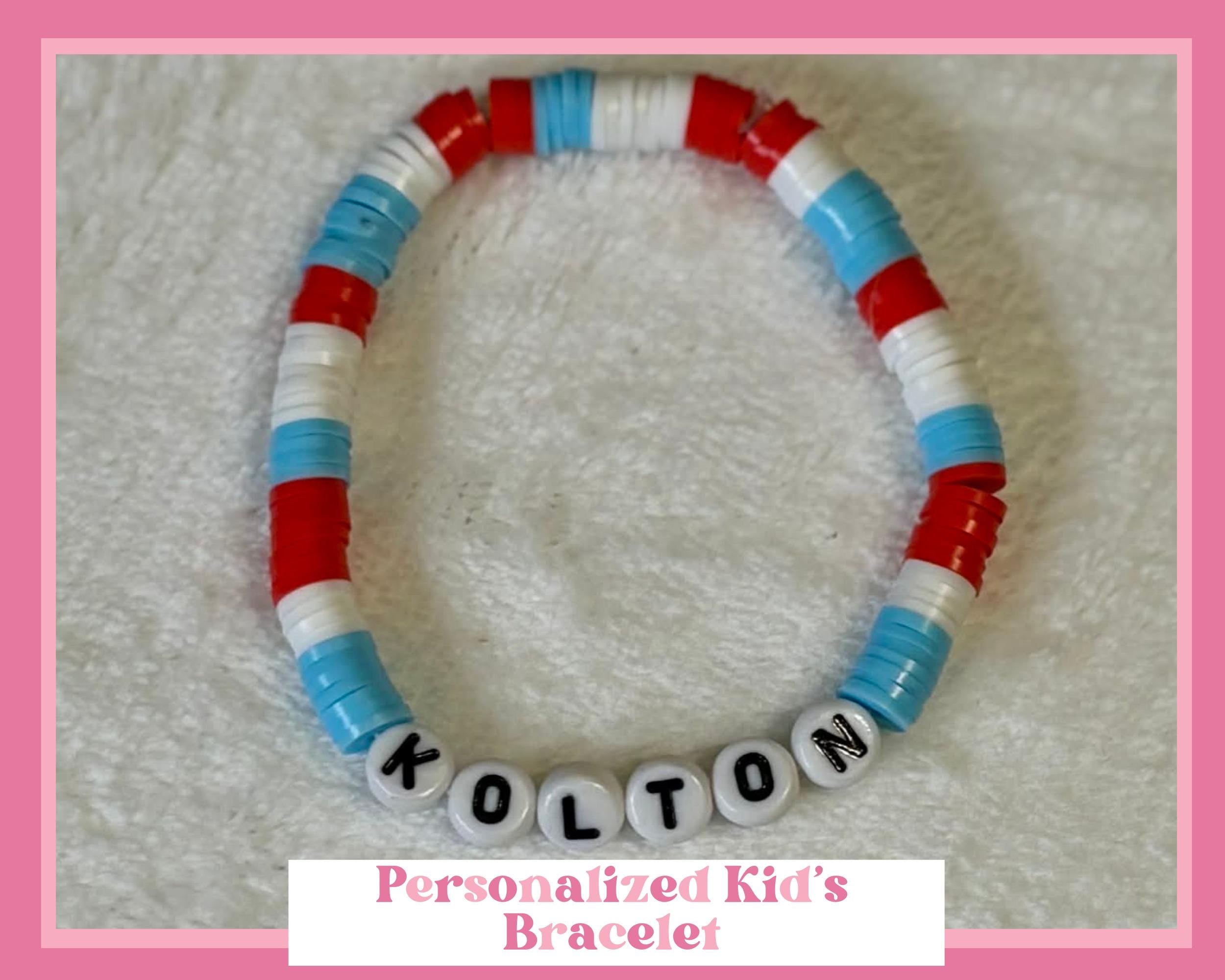 Personalized Kids Name Bracelet | Red White Blue Heishi Bead Stretch Bracelet | Handmade Custom Jewelry - Wonderfully Made by Devan