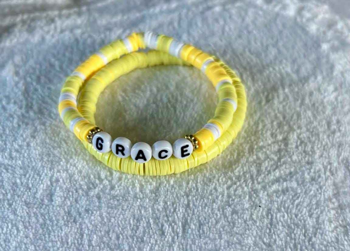 Personalized Yellow Heishi Bracelet Set, Name Bracelet Stack, Heishi Bead Bracelets