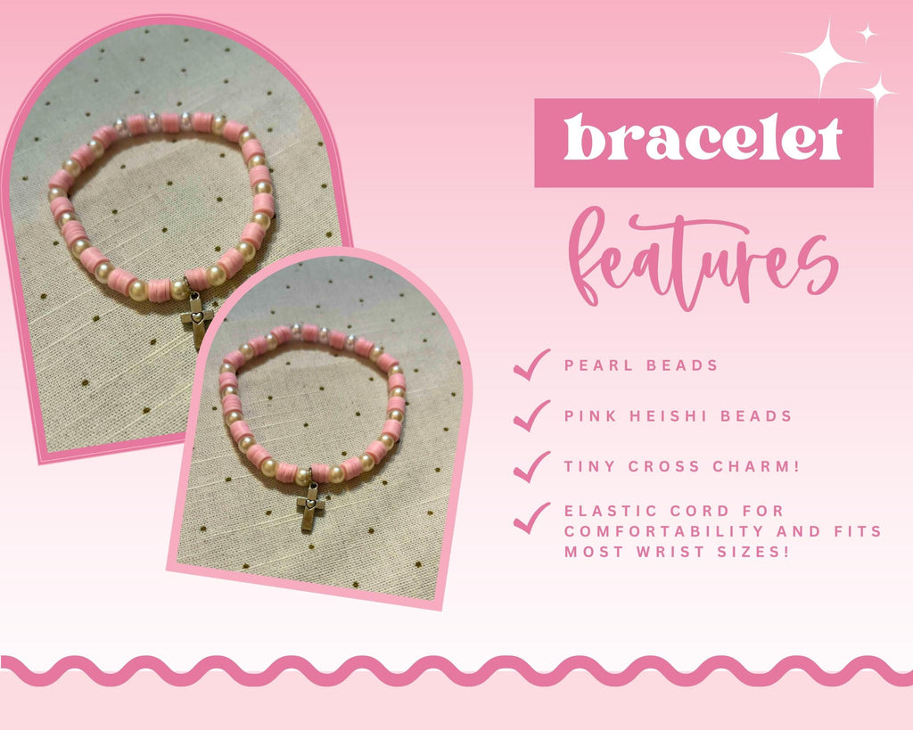Pink Heishi Bead Bracelet | Silver Cross Charm - Wonderfully Made by Devan