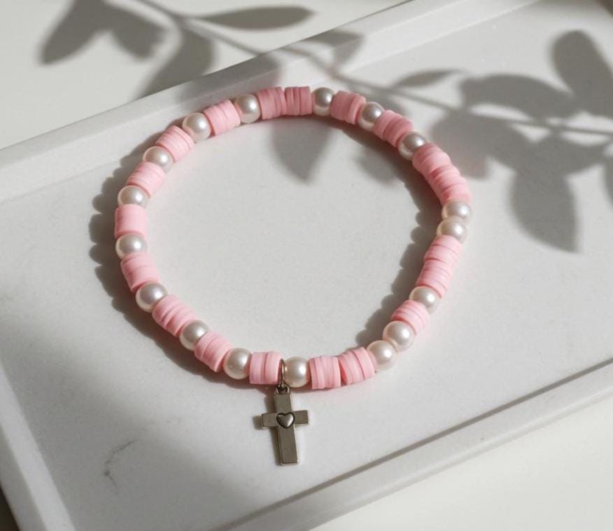 Pink Heishi Bead Bracelet | Silver Cross Charm - Wonderfully Made by Devan