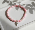 Pink Heishi Bead Bracelet | Silver Cross Charm - Wonderfully Made by Devan