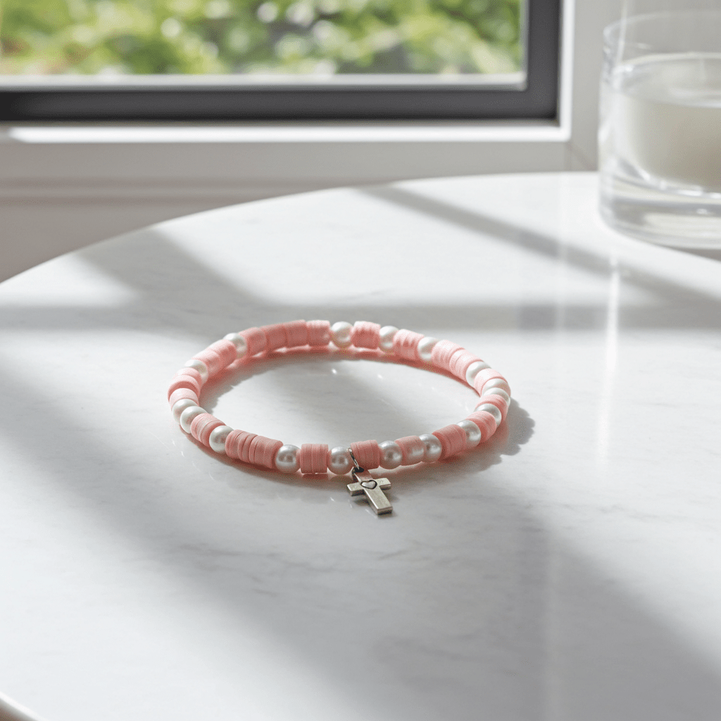 Pink Heishi Bead Bracelet | Silver Cross Charm - Wonderfully Made by Devan